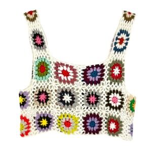 Crochet Granny Square Crop Tank Womens S White Rainbow Boho Hippie Festival